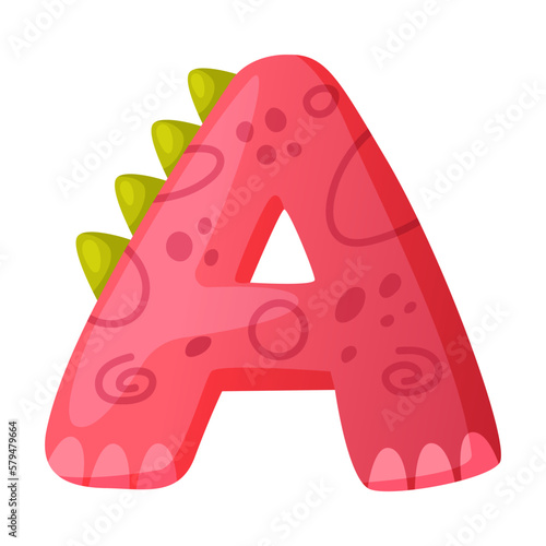 A vowel letter dino font. Dinosaur alphabet, cute dino effect red letter sign, abc for kids, nursery, birthday party design cartoon vector illustration
