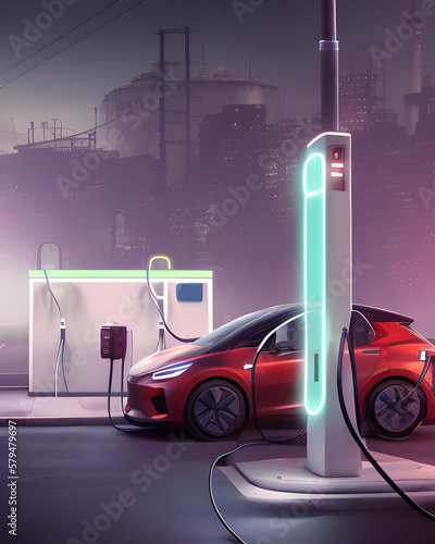 une voiture citadine électrique en charge dans une ville futuriste - IA Generative photo