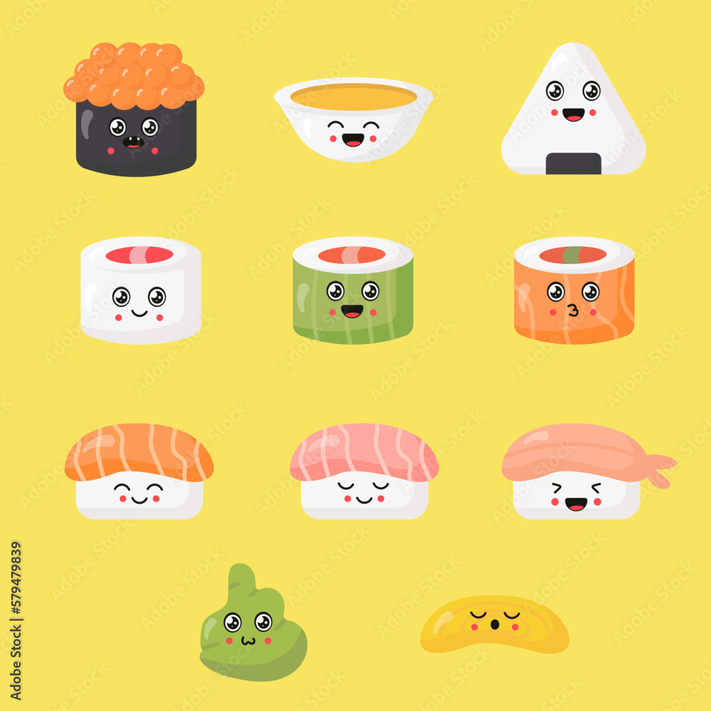 Vector set of cute sushi, rolls, soup, wasabi, ginger, nigiri, sashimi with smiling face and red cheeks in kawaii style. Japanese Vector set of cute sushi, rolls, soup, wasabi, ginger, nigiri, sashimi with smiling face and red cheeks in kawaii style. Japanese