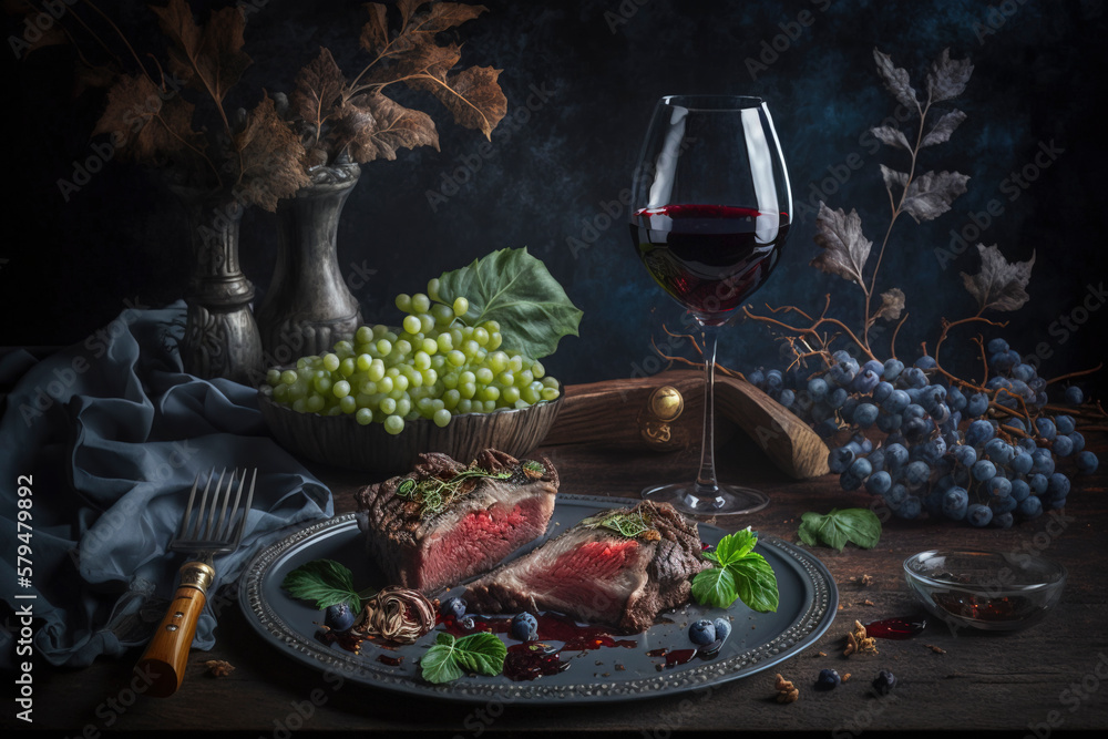 Still life of meat in a trayc bottle and glass of red wine, grapes and fresh green herbs on a wooden table and dark background. Photograph created with Generative AI technology