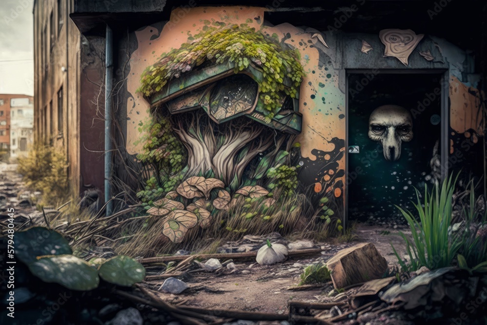 Graffiti on the wall of an abandoned factory building with human skull. Generative AI Graffiti on the wall of an abandoned factory building with human skull. Generative AI