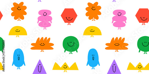 Diverse colorful geometric shape cartoon character seamless pattern illustration. Basic geometry shapes in funny children doodle style. Friendly community or kid education background concept.	