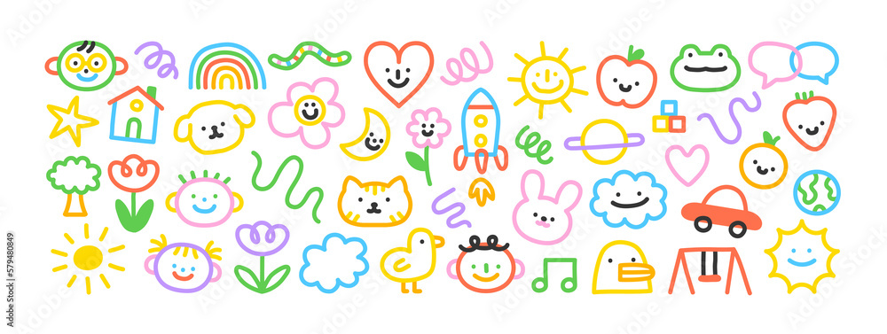 Colorful children cartoon icon collection. Set of funny line doodle decoration on isolated background. Simple kid art bundle includes child character, animal and nature symbol. - obrazy, fototapety, plakaty 