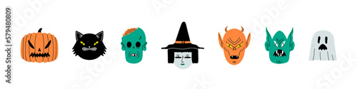 Set of creepy halloween monster face portrait cartoon illustration. Modern flat comic doodle collection on isolated background. Includes witch woman, black cat, zombie and carved pumpkin.