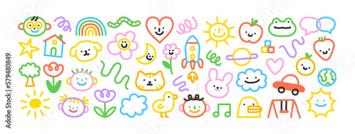 Colorful children cartoon icon collection. Set of funny line doodle decoration on isolated background. Simple kid art bundle includes child character, animal and nature symbol.