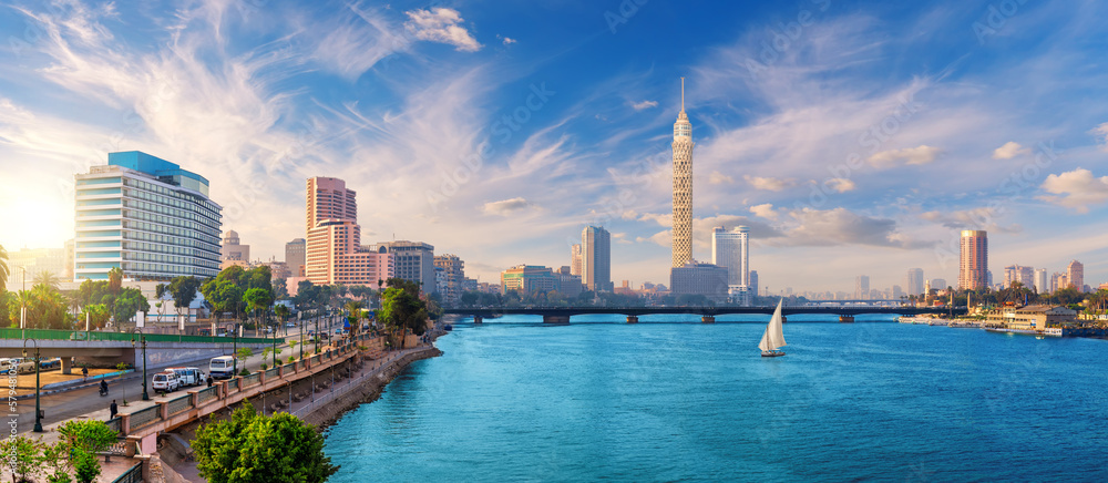 View on Cairo downtown with the Tower and fashionable hotels in Gezira island in the Nile, Egypt
