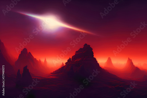 Landscape of an alien planet, fictional other worlds  in the universe, science fiction cosmic background © Cobalt