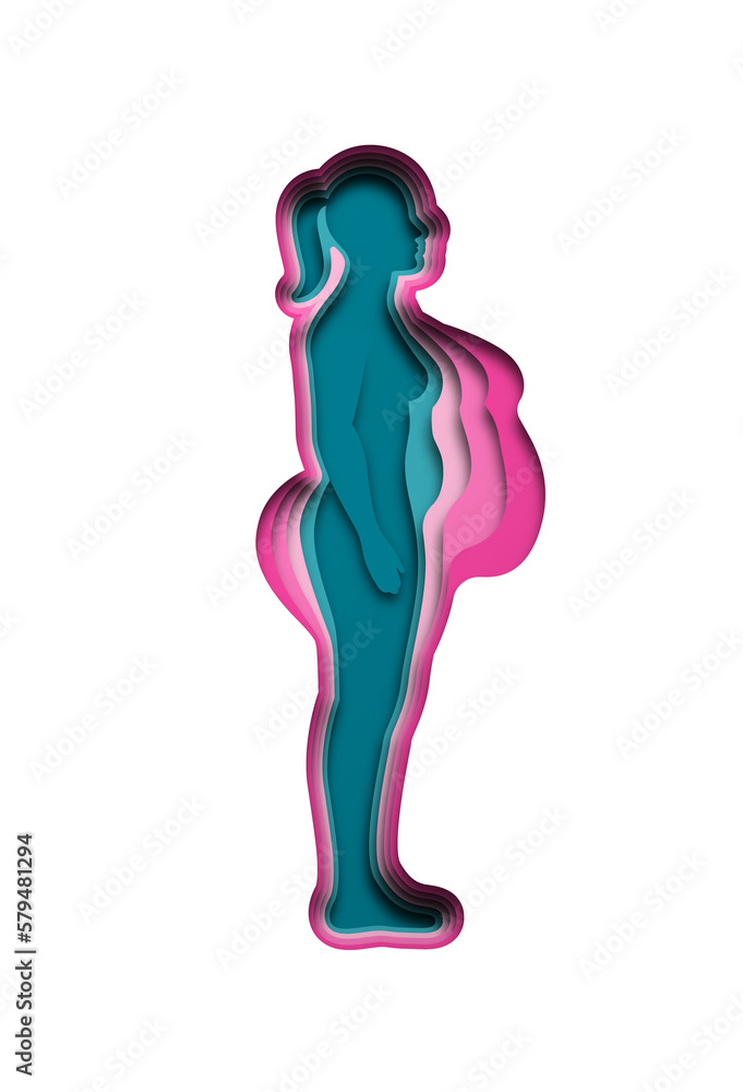 Paper cut woman in full body profile view with layered overweight and athletic body image. Thin female getting obese or weight loss illustration concept. Obesity disease risk, eating disorder design. Paper cut woman in full body profile view with layered overweight and athletic body image. Thin female getting obese or weight loss illustration concept. Obesity disease risk, eating disorder design.