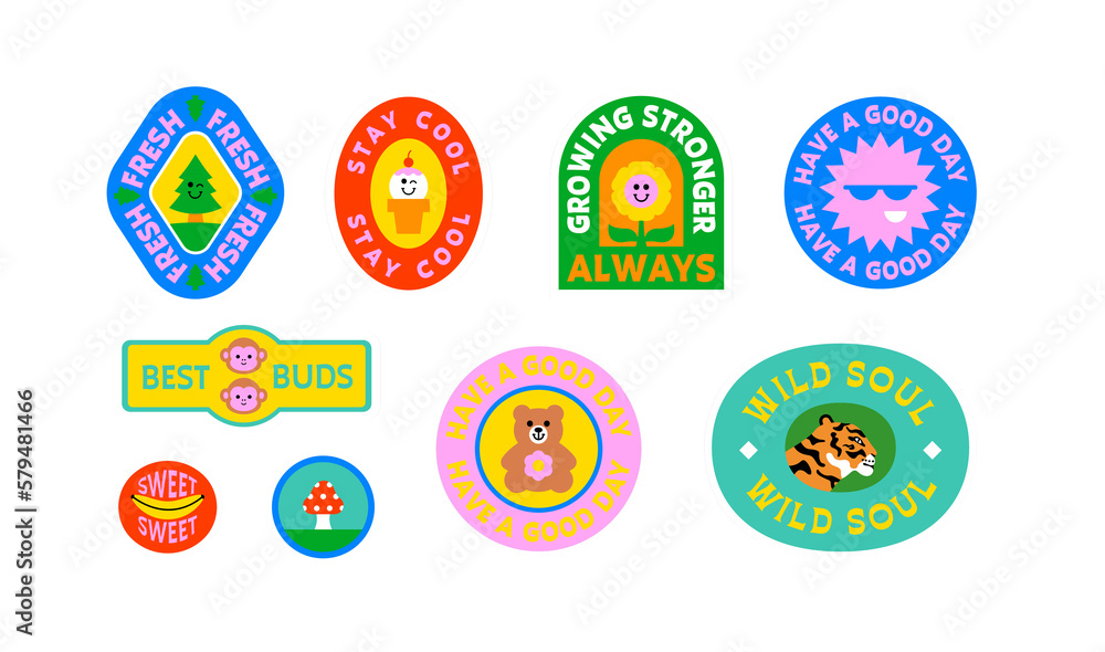 Colorful retro label shape set. Collection of trendy vintage sticker cartoon shapes. Funny comic character art and quote sign patch bundle.	

