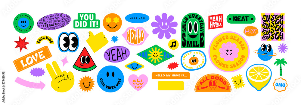 Fototapeta premium Colorful happy smiling face label shape set. Collection of trendy retro sticker cartoon shapes. Funny comic character art and quote sign patch bundle.