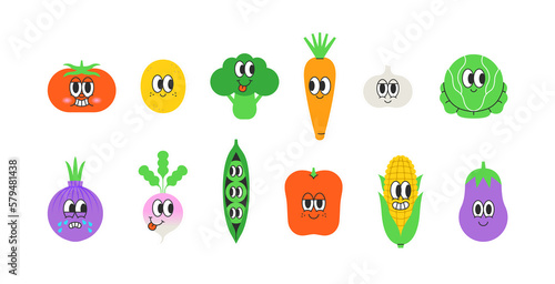 Set of trendy happy vegetable sticker in vintage cartoon style. Retro cooking ingredient, vegetarian character label illustration collection on isolated background. Funny colorful food mascot bundle. 