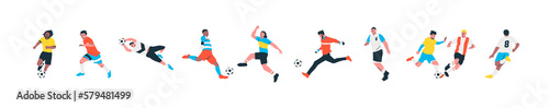 Fototapeta Naklejka Na Ścianę i Meble -  Set of diverse soccer player men athlete team figures. Colorful retro style football game male players illustration collection. Includes foot ball kick pose, goalkeeper catch on isolated background.