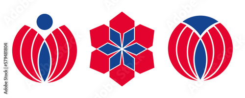 Red and navy blue logo set. Geometric patterns with human abstraction and global symbol.