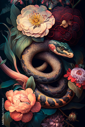 A close up of a snake surrounded by flowers. Generative AI