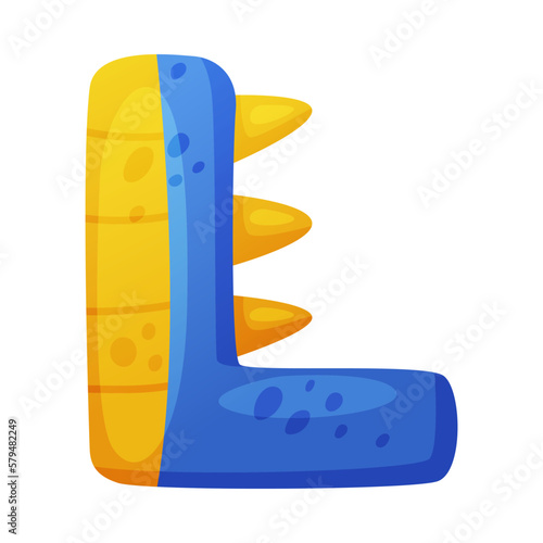 L consonant letter dino font. Dinosaur alphabet, cute dino effect blue and yellow letter sign, abc for kids, nursery, birthday party design cartoon vector illustration