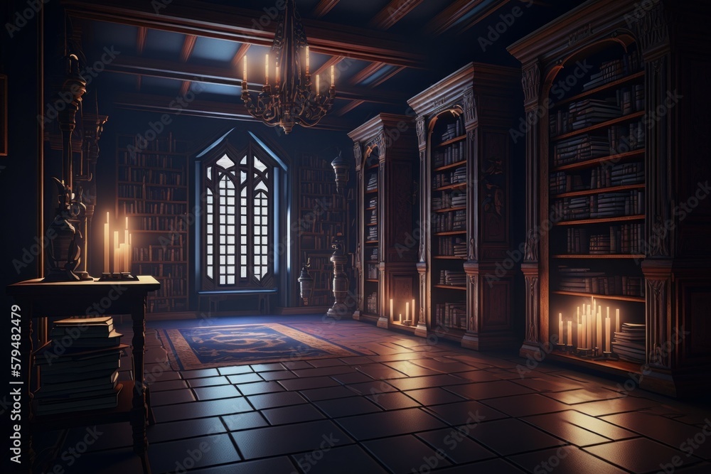 Old ornate abandoned Victorian library. AI generated