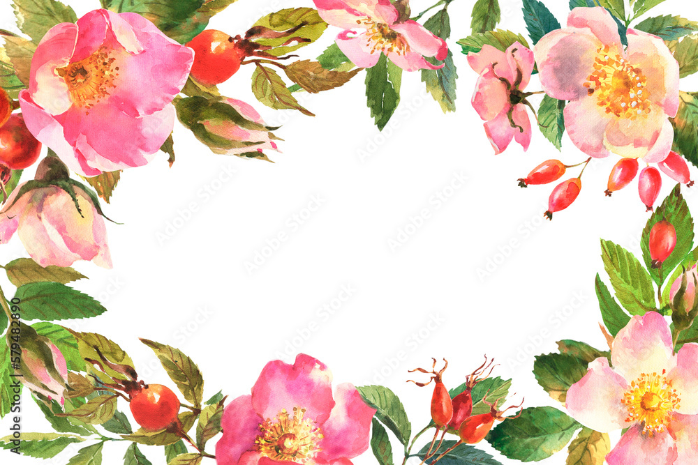 Watercolor illustration, floral banner arranged from leaves, flowers and berries rose hip. Dog rose frame. Stylish fashion frame. Wedding design.