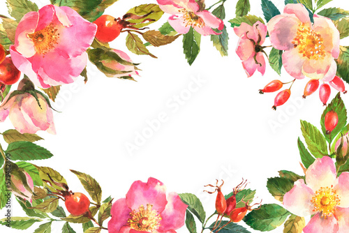 Watercolor illustration, floral banner arranged from leaves, flowers and berries rose hip. Dog rose frame. Stylish fashion frame. Wedding design. © Brelena