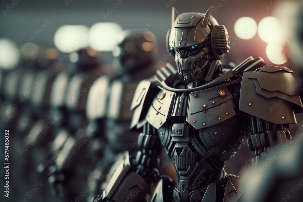 Army of metal cyborg robots, selective focus. AI generated, human enhanced. Army of metal cyborg robots, selective focus. AI generated, human enhanced.