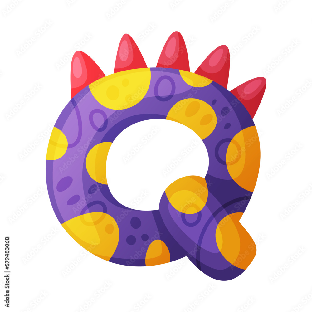 Q consonant letter dino font. Dinosaur alphabet, cute dino effect colorful letter sign, abc for kids, nursery, birthday party design cartoon vector illustration Q consonant letter dino font. Dinosaur alphabet, cute dino effect colorful letter sign, abc for kids, nursery, birthday party design cartoon vector illustration