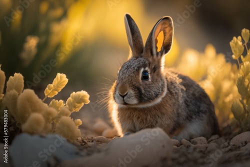 Cute rabbit in nature in natural habitat. AI generated  human enhanced