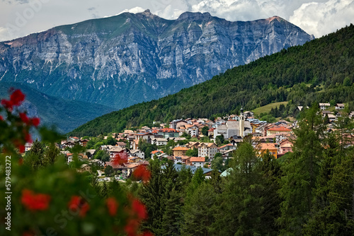 The town of Folgaria and Mount Cornetto in the background. Alpe Cimbra, Trentino, Italy.