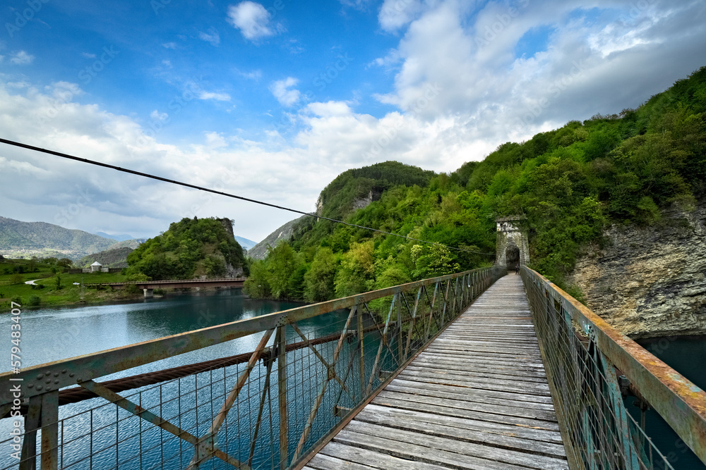 The Vittoria bridge on the lake of Corlo. Arsié, Belluno province, Veneto, Italy.
