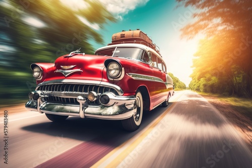 Old vintage red retro car with baggage driving through the exotic country, in motion. Generative AI photo