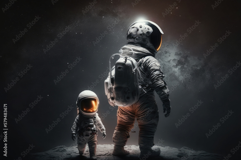 Astronauts in space suits on unknown planet surface. Father and son astronauts exploring space. Created with generative ai Astronauts in space suits on unknown planet surface. Father and son astronauts exploring space. Created with generative ai