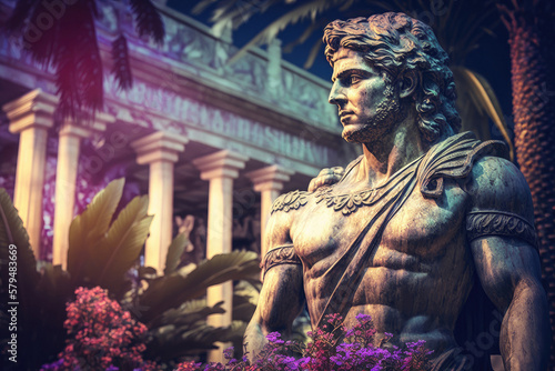 Alexander the Great Statue Standing Tall Among the Hanging Gardens of Babylon. Generative AI