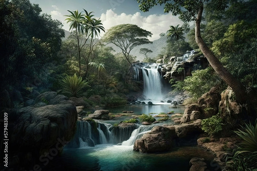 Beautiful waterfall in tropical jungle. Cascade waterfall in green tree tropical forest. Created with Generative AI