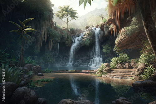 Beautiful waterfall in tropical jungle. Cascade waterfall in green tree tropical forest. Created with Generative AI © Lazy_Bear