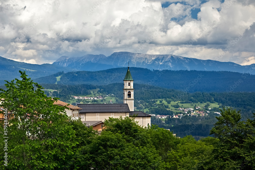 The church of the mountain village of San Sebastiano. Folgaria, Alpe Cimbra, Trentino, Italy.