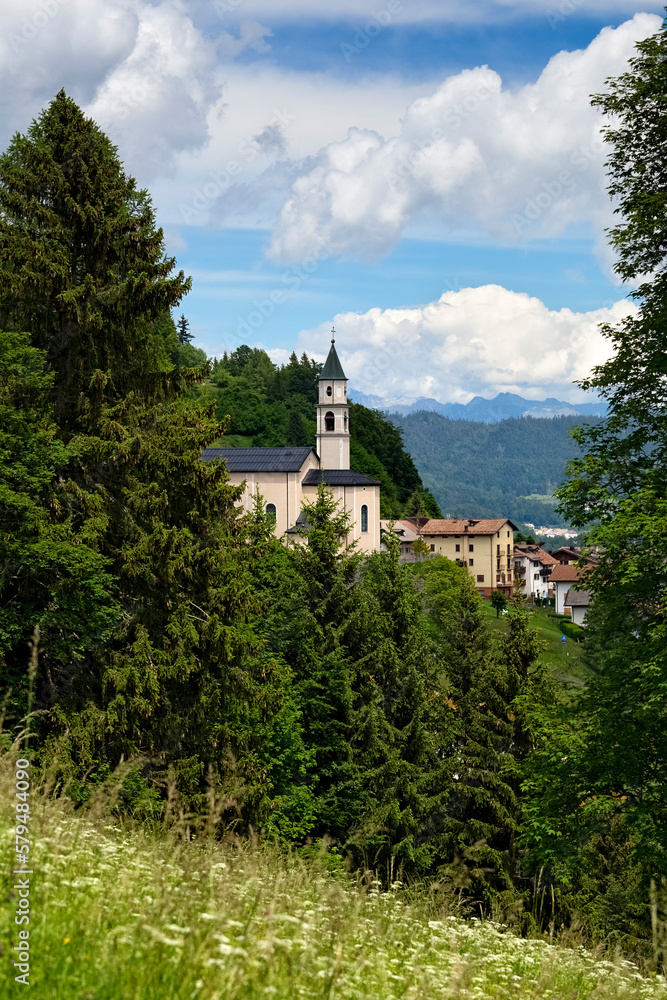 The church of the mountain village of San Sebastiano. Folgaria, Alpe Cimbra, Trentino, Italy.