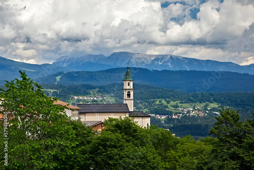 The church of the mountain village of San Sebastiano. Folgaria, Alpe Cimbra, Trentino, Italy.