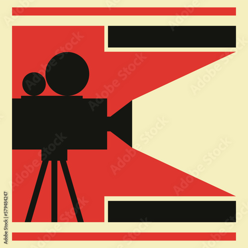 Banner, layout, template, advertising poster, poster, design in the style of constructivism of the 20s. Flat vector illustration of geometric shapes in red, black, beige. Old movie camera.eps10.