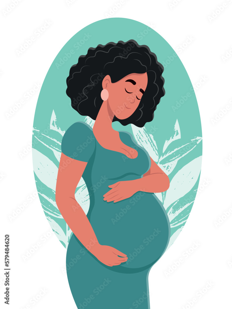 Healthy pregnancy. Beautiful pregnant woman hugs her belly. The concept of pregnancy and motherhood. Healthy pregnancy. Vector flat illustration. Healthy pregnancy. Beautiful pregnant woman hugs her belly. The concept of pregnancy and motherhood. Healthy pregnancy. Vector flat illustration.