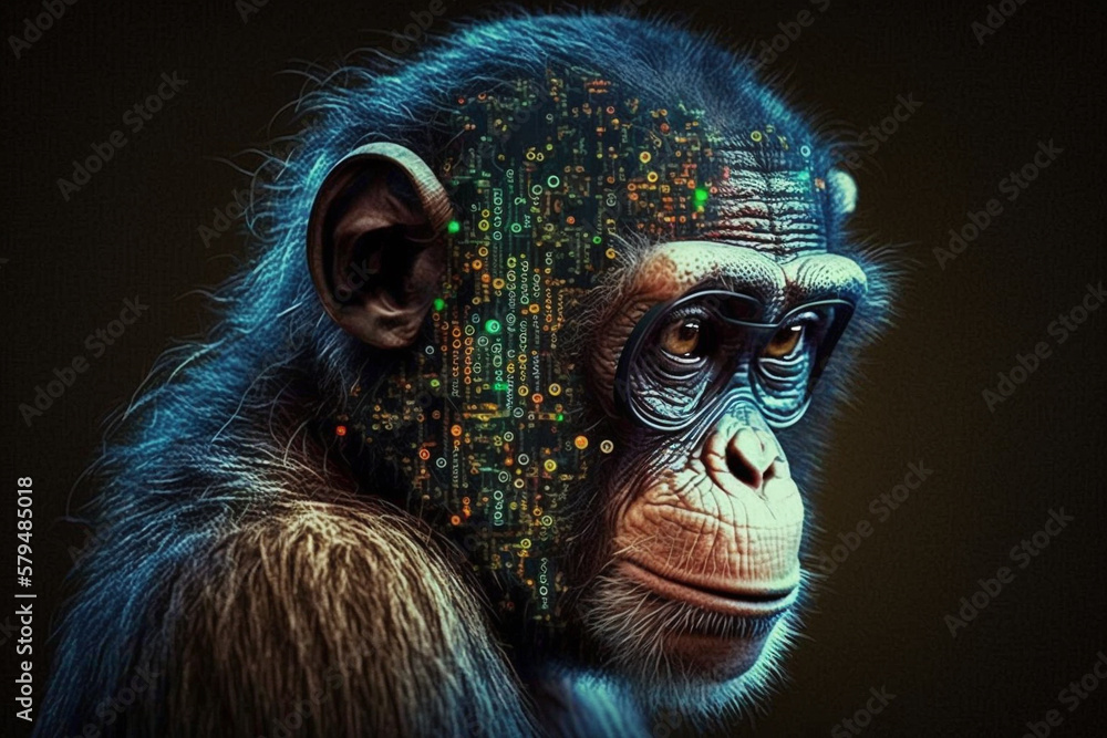 Monkey futuristic android or AI cyborg robot digital intelligence concept. Artificial intelligence machine merged with robotic head. AI generated