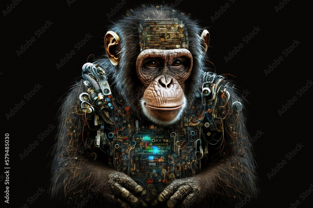 Monkey futuristic android or AI cyborg robot digital intelligence concept. Artificial intelligence machine merged with robotic head. AI generated Monkey futuristic android or AI cyborg robot digital intelligence concept. Artificial intelligence machine merged with robotic head. AI generated