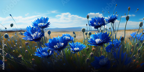 Cornflowers close-up. A field of cornflowers on a hot summer day. AI.
