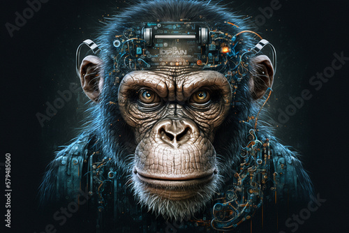 Monkey futuristic android or AI cyborg robot digital intelligence concept. Artificial intelligence machine merged with robotic head. AI generated