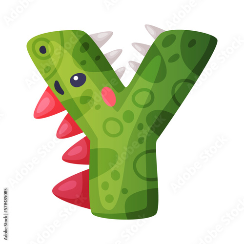 Y vowel letter dino font. Dinosaur alphabet, cute dino effect green letter sign, abc for kids, nursery, birthday party design cartoon vector illustration
