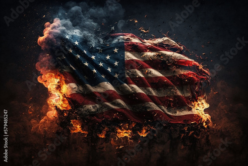 American or the united states flag on fire concept. Usa flag on flames disaster. Patriotic american or patriotism being attacked or destruction concept. Ai generated