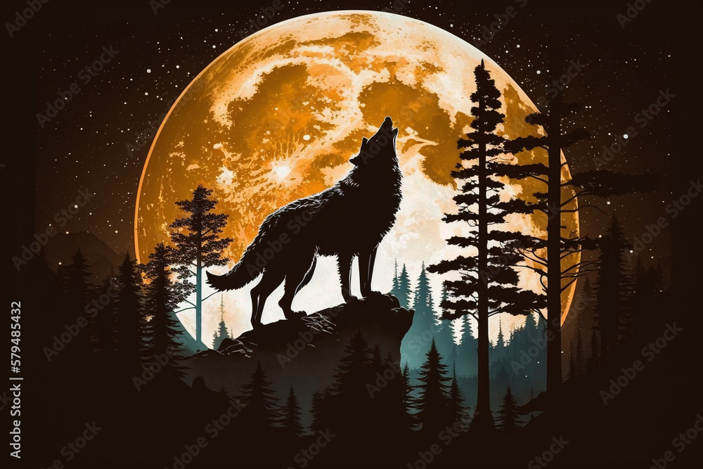 Wolf howling at full moon in the forest vector illustration. Wild animal in the forest. Ai generated Wolf howling at full moon in the forest vector illustration. Wild animal in the forest. Ai generated