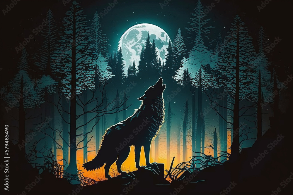 Wolf howling at full moon in the forest vector illustration. Wild animal in the forest. Ai generated Wolf howling at full moon in the forest vector illustration. Wild animal in the forest. Ai generated