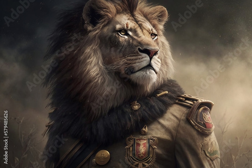 Lion dressed in military uniform as a general or soldier. Powerful commander army figure. Ai generated