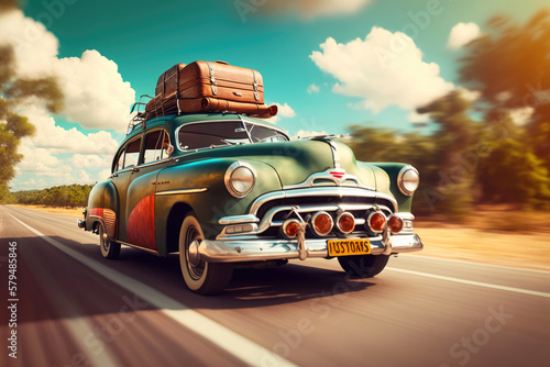 Old vintage retro car with baggage driving through the exotic country, in motion. Generative AI © piai