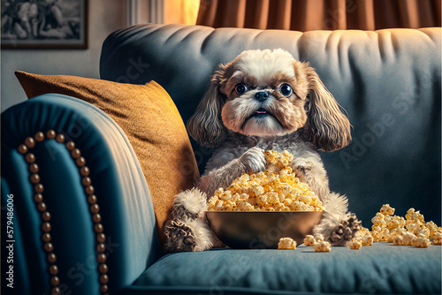 Chien assis dans le canapé et mangeant des pop corn - Générative IA photo