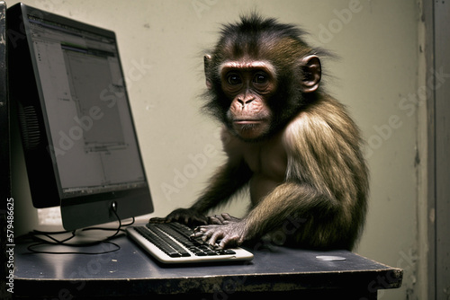 Monkey at a computer or laptop working in an office funny concept. Ai generated © dragomirescu