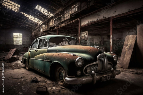 Old abandoned and damaged retro vintage rusty classic car in a deposit. Ai generated